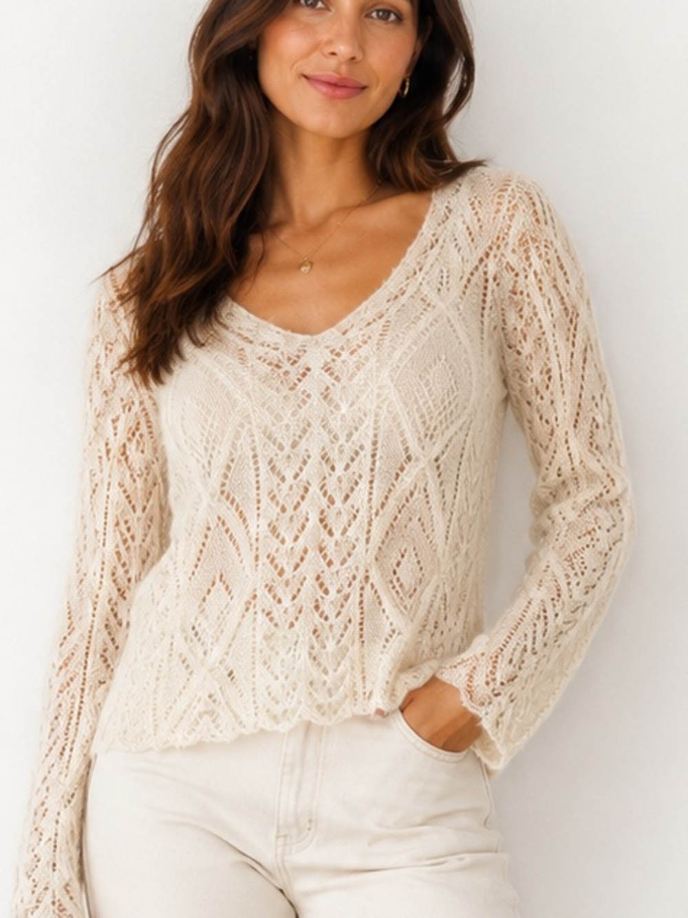 CAbi mohair blend Cream Open-Knit V-Neck Sweater XL